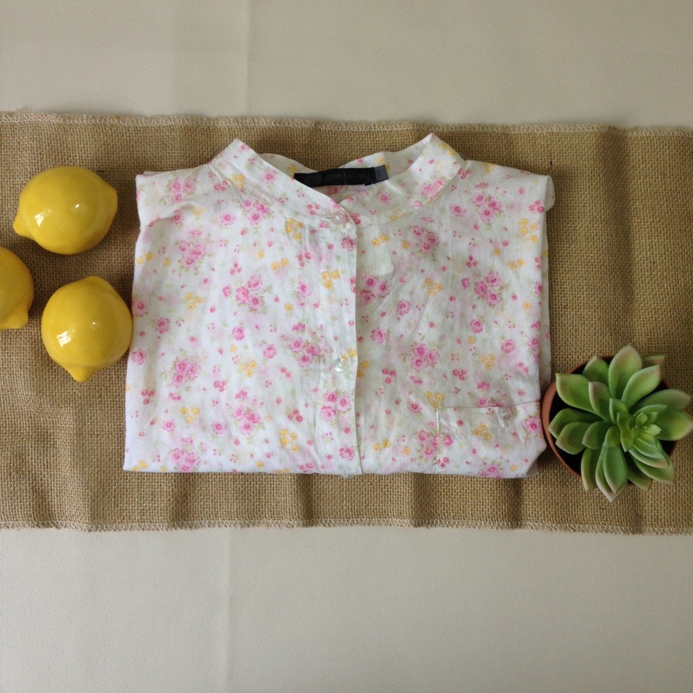 Women’s White Floral Button-Down Shirt with Pink & Yellow Flowers